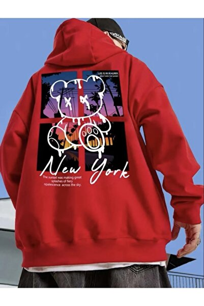 LUSHN سويت شيرت بقلنسوة مقاس كبير مطبوع عليه دمية دب نيويورك مقاس كبير مكون م...