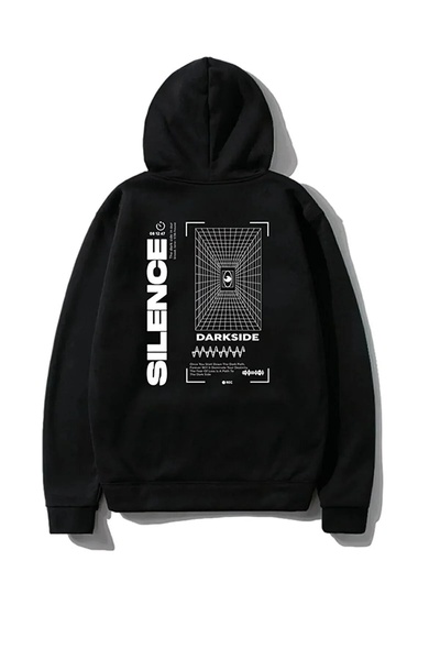 LUSHN سويت شيرت بغطاء للرأس أسود مقاس كبير مقاس كبير مطبوع من الأمام والخلف