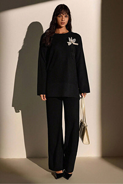 Cherry Butik Pulover tunică cu gât rotund, pantaloni cu talie înaltă, tricota...