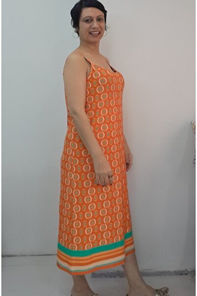 Mertcan Butik Orange Green Patterned Rope Strap Combed Viscose T-Shirt