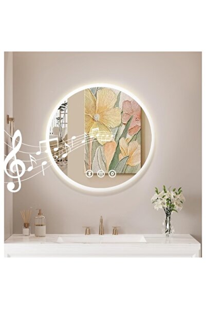 Queekay Oglindă rotundă de baie Habison 50 cm, anti-aburire, difuzoare Blueto...