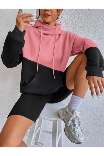 LUSHN سويت شيرت بقلنسوة شتوي كبير الحجم بلونين للجنسين