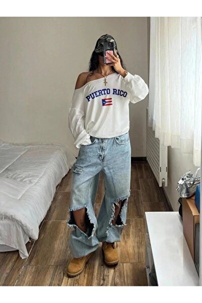 LUSHN سويت شيرت نسائي كبير الحجم مطبوع عليه ريكو بكتف واحد وياقة قارب للموسم ...