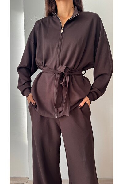 Azimutgiyim طقم مكون من قطعتين بسحاب وحزام من قماش المودال – بني