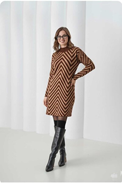 aytenli Mock Neck S XL Compatible Standard Size up to and Including Zigzag Patterned Bearded Long Wool Knitwear Sweater Dress