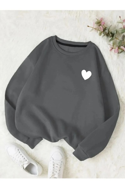 LUSHN سويت شيرت كبير الحجم برقبة دائرية وطبعة قلب للجنسين