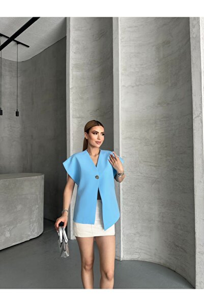 aytenli V-Neck Bat Sleeve Single Button Lined Asymmetric Cut Oversize Double Vest