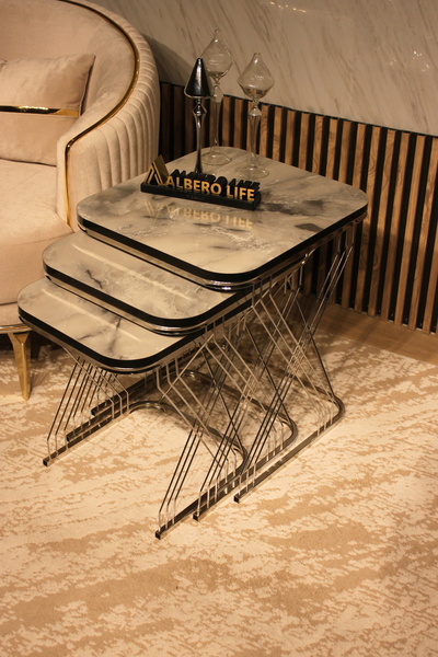 AlberoLife Z Telli LÜX 3'lü Zigon Sehpa (Kurulum Gerektirmez) KROM AYAK MARMO...