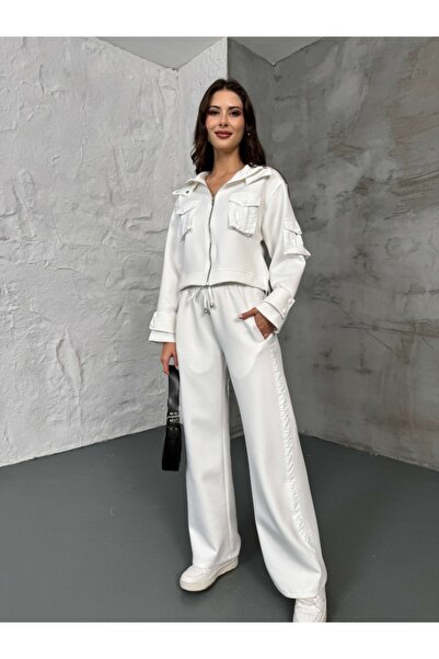 Elif Özbey Butik White Pocket Parachute Detailed Scuba Double Suit