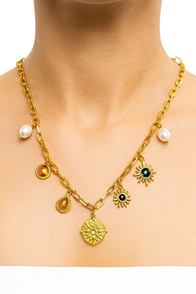 GÜLNAR BİJUTERİ قلادة بتصميم بوهيمي مفصل (736) مع تفاصيل العين والشمس والقطرة...