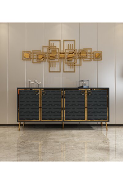 morepp Rami Pleksi Desenli, Lazer Çizgili 160cm Konsol | Antrasit-Altın