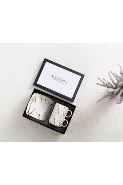 Malooki Set 2 Porcelain Coffee Cups 150 ml with Square Saucer – Gold Marble