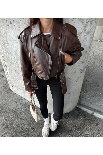 Ekim Store Kemerli Oversize Crop KAHVE Deri Ceket