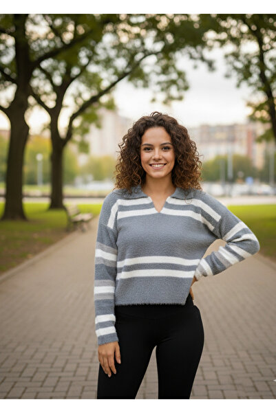 YusGos Women's Polo V-Neck Bearded Knitwear Crop Sweater