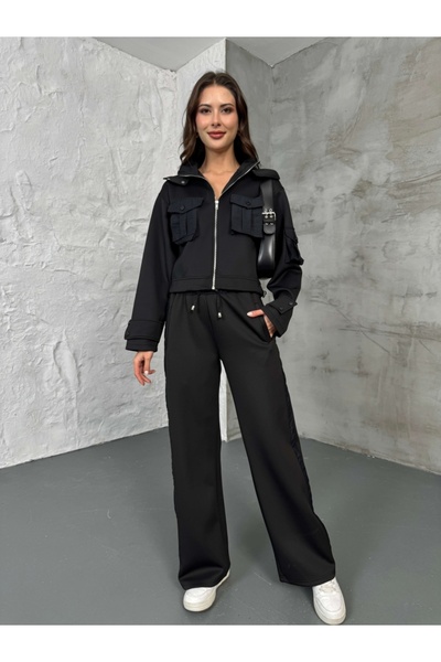 Elif Özbey Butik Black Pocket Parachute Detailed Scuba Double Suit