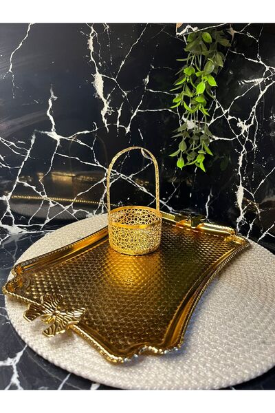 Asel Altın Renk Söz & Nişan Sunum Tepsisi ve Lokumluk Seti – Zarif Metal Dese...