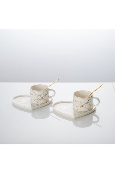Malooki Set of 2 ceramic cups with heart-shaped saucers – 180 ml – white