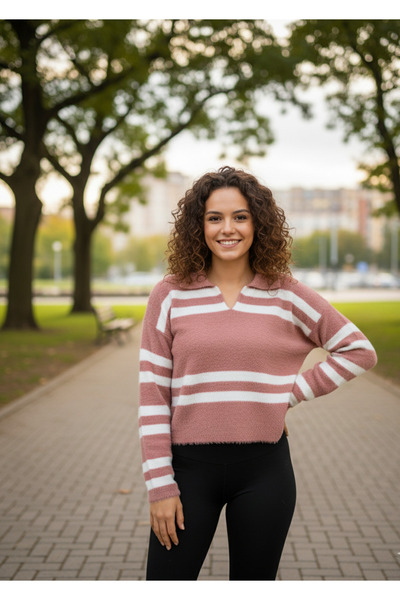 YusGos Women's Polo V-Neck Bearded Knitwear Crop Sweater