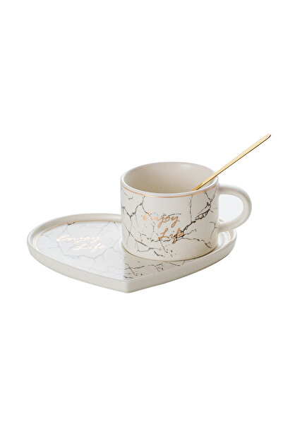 Malooki Set of 6 ceramic cups with heart-shaped saucer – 180 ml – white