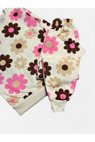 Fil Kids Girls' Cotton Beige Color Floral Pattern Patterned Long Sleeve Fleece-Lined Winter Pajamas Set
