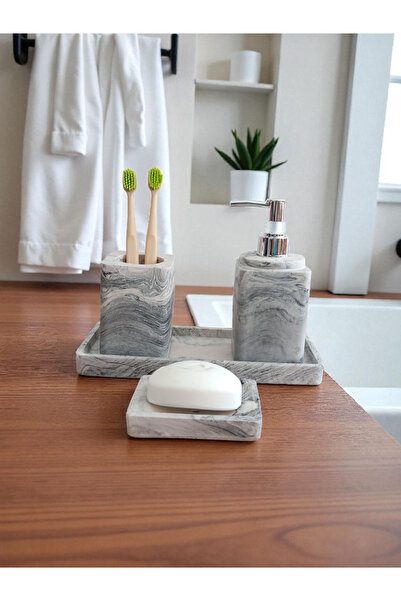 Trust Stone طقم حمام مكون من 4 قطع بنمط رخامي، موزع صابون سائل، حامل فرشاة أسنان، طقم إكسسوارات خرسانية