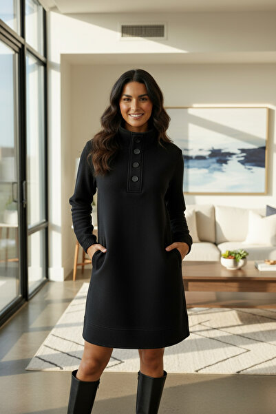 LYVEAN Üç İplik Şardonlu Düğmeli Penye Elbise