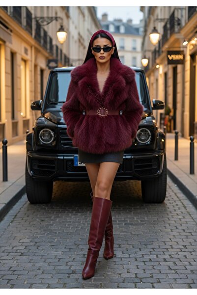 1Moda1Tarz Custom Design Coat with Stone Embroidered Belt and Fur Lining Imported from Abroad