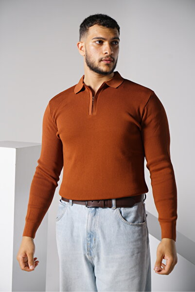 SOEC Erkek Kiremit Rengi Gizli Fermuar Polo Yaka Triko Kazak