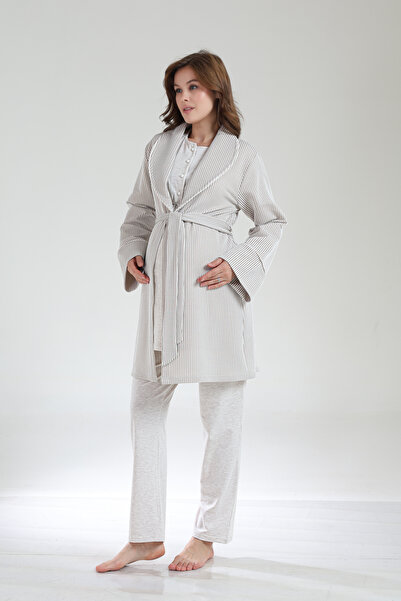 Lohussa Women's Beige Melange Jacquard Shawl Collar Winter Special Design Maternity Pajama Set