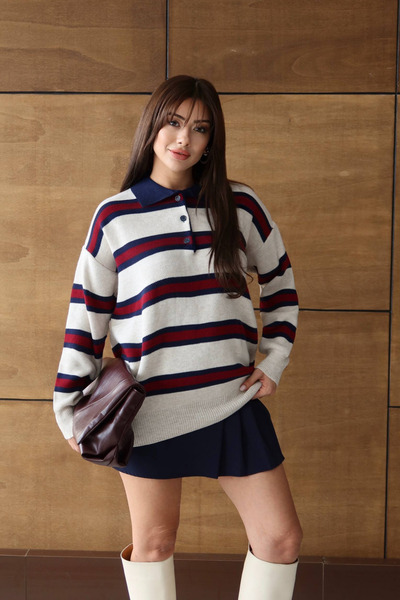 Mogi Butik Women's Polo Neck Oversized Striped Knitwear Sweater 3123