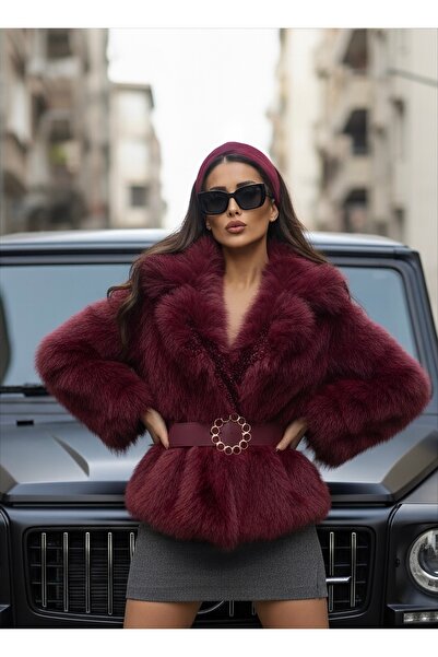 1Moda1Tarz Custom Design Coat with Stone Embroidered Belt and Fur Lining Imported from Abroad