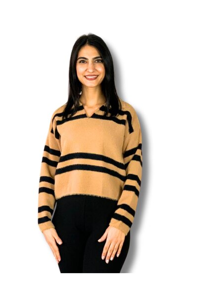 YusGos Women's Polo V-Neck Bearded Knitwear Crop Sweater