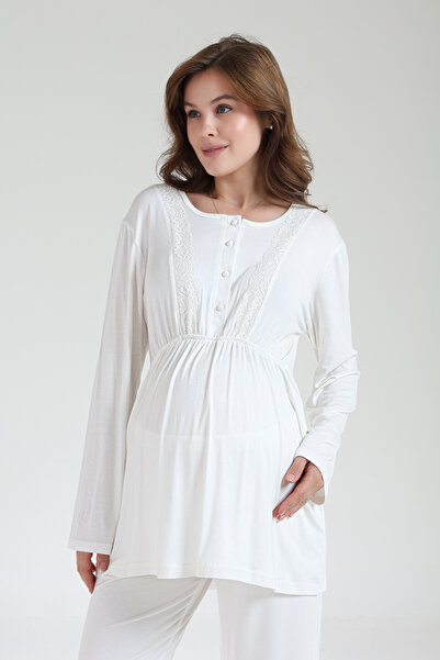 Lohussa Women's Ecru Jacquard Shawl Collar Lace Winter Special Design Maternity Pajama Set