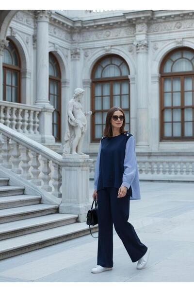 Aselim Hijap Moda Merina Double Suit – Navy Blue with Striped Shirt Detail