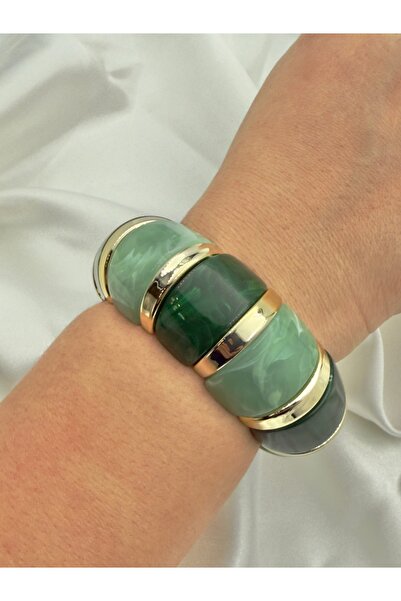 Snartun Green Toned Marble Patterned Elastic Bone Bracelet – Gold Detail