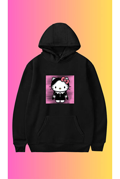 relaxbaskı Wednesday Costumed Hello Kitty Printed Hoodie