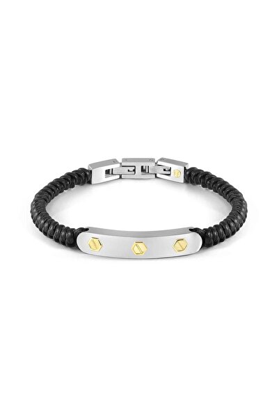 NOMİNATİON REFINED bracelet in steel and 18k gold with leather lace Nut SİYAH