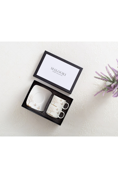 Malooki Set 2 Porcelain Coffee Cups 150 ml with Square Saucer – Tree & Golden Butterflies