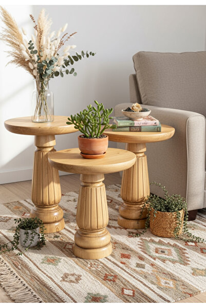 ASELYA HOME Doğal Ahşap 3’lü Set Meşe Renk Mantar Yan Sehpa Modern Fiskos Zig...