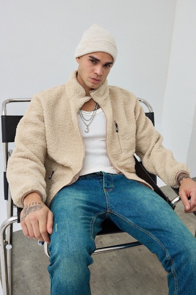 MADZEYMODA Premium Men's Piped Detail Beige Plush Coat Ls-86031