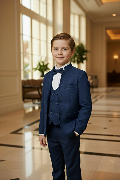 Merdia Kids Boy's Suit (Judge Collar Jacket, Vest, Bow Tie, White Shirt and Navy Blue Pants)