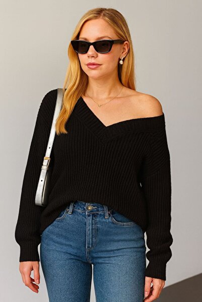 YUGA KNİTTİNG Pulover de bază din tricot SİLAĞĂN pentru femei, cu decolteu în V