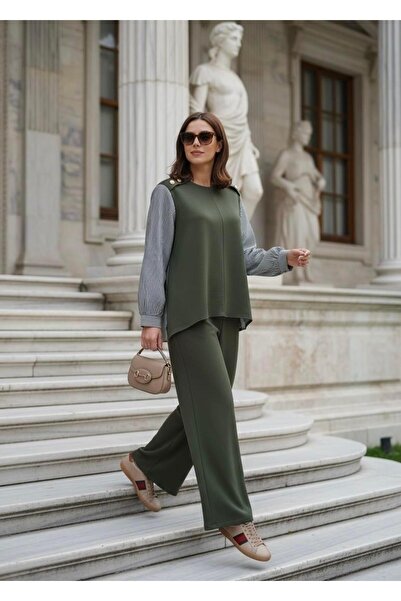 Aselim Hijap Moda Merina Double Suit – Green with Striped Shirt Detail