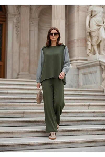 Aselim Hijap Moda Merina Double Suit – Green with Striped Shirt Detail