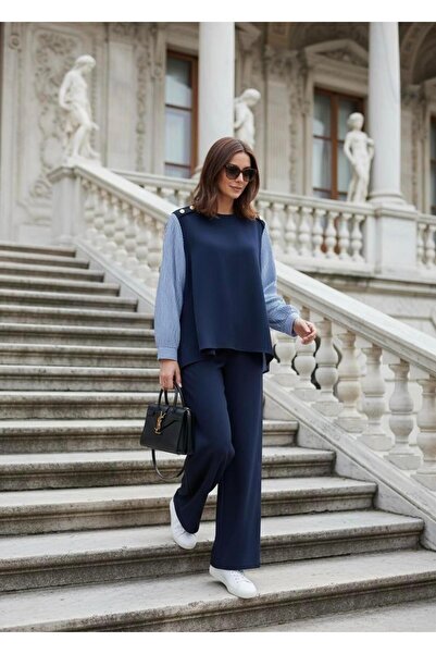 Aselim Hijap Moda Merina Double Suit – Navy Blue with Striped Shirt Detail