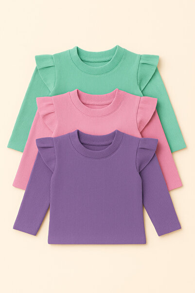 özge başaran Girl's 3-Piece Long Sleeve Ribbed Bodysuit Set - Mint, Pink, Purple - Soft with Ruffle Detail