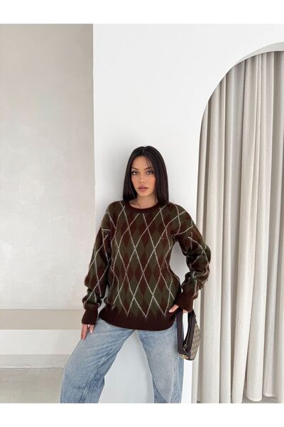 FREZZBİ Women's Crew Neck Plaid Argyle Patterned Fleece-Lined Soft Knitwear Sweater