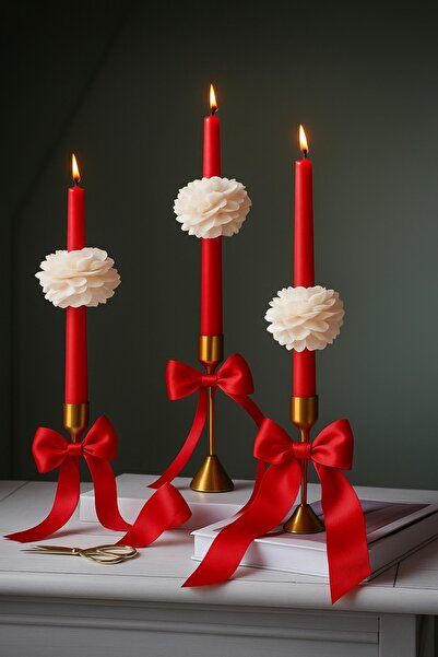 Loş Dükkan Gül Motifli 3 lü Kırmızı Şakayıklı Şamdan Mumu (şamdanlık yok)