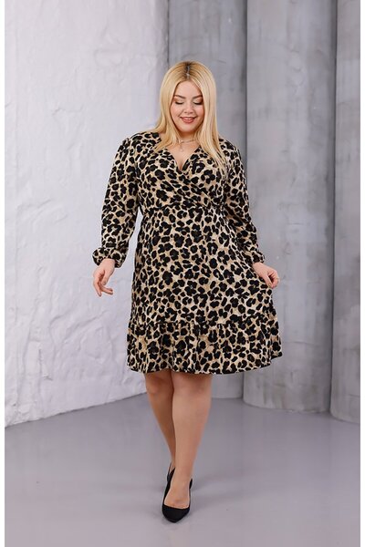 Truva XXL Rochie din țesătură înfășurată de mărime mare decolteu petrecut în V imprimeu leopard până la genunchi