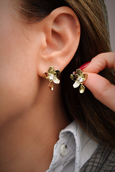 Sacce Scarves&Accessories Zirkon Taşlı Zarif Çiçek Küpe – 14K Gold Rodyum Kaplama Sallantılı Minimal Küpe (Çelik)